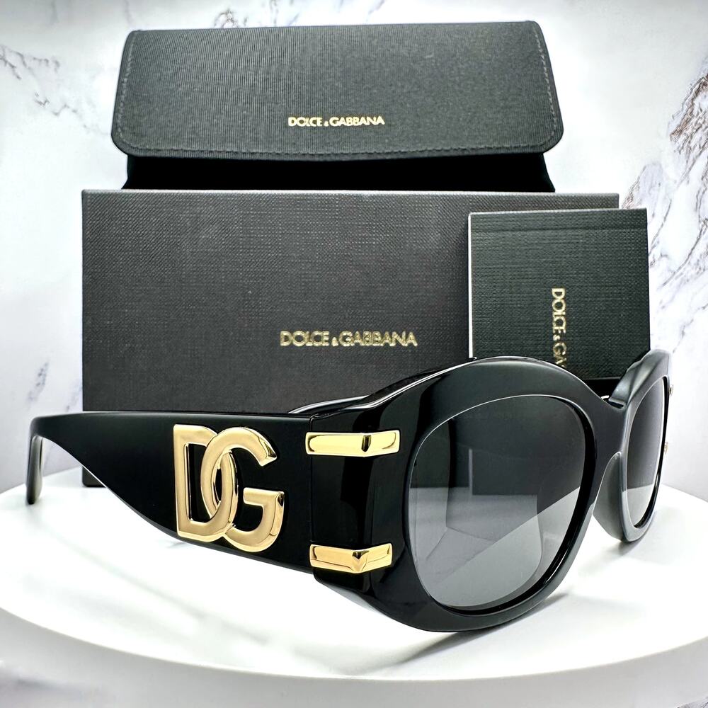 New Dolce & Gabbana Sunglasses Black Oval Acetate Gold Metal DG Gray Lens - Picture 12 of 16